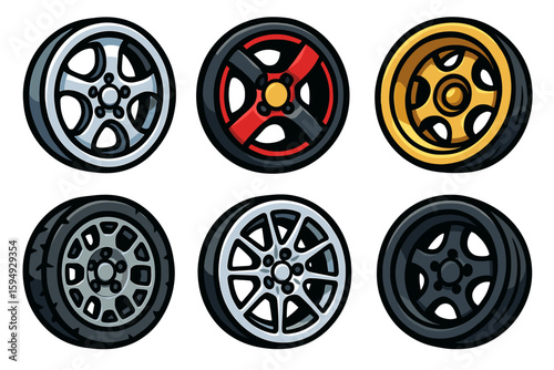 Variety of car rims and wheels in different styles and colors