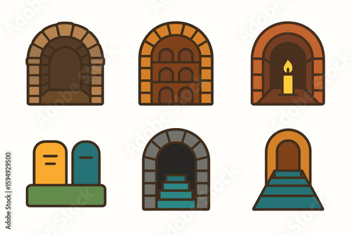 Illustrated tomb and crypt icons with arches candle stairs and gravestones