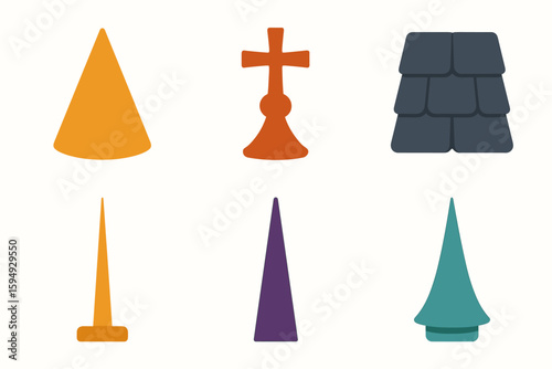 Different roofs and towers: conical, cross, and slate designs in various colors