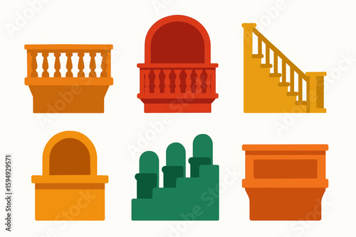 Colorful architectural elements set – balconies, doors, staircases, and windows