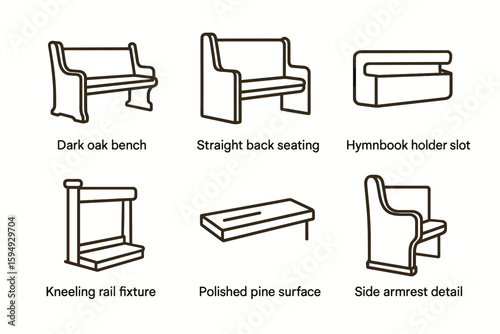 Church furniture design elements with benches and fixtures