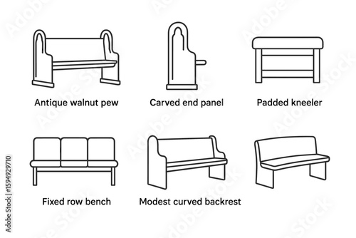 Antique and modern church seating designs: pews, benches, and kneelers