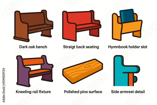 Church seating designs and components — benches, rails, and surfaced details
