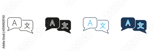 Speech Bubbles With Language Symbols Line And Solid Icon Set. Multilingual Communication And Translation Symbol Collection. Language Exchange And Global Interaction. Isolated Vector Illustration