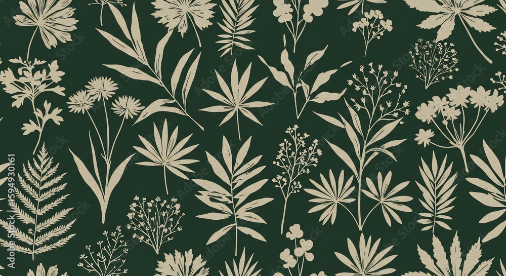 Obraz premium 深緑背景 優雅な植物模様 繊細な線画