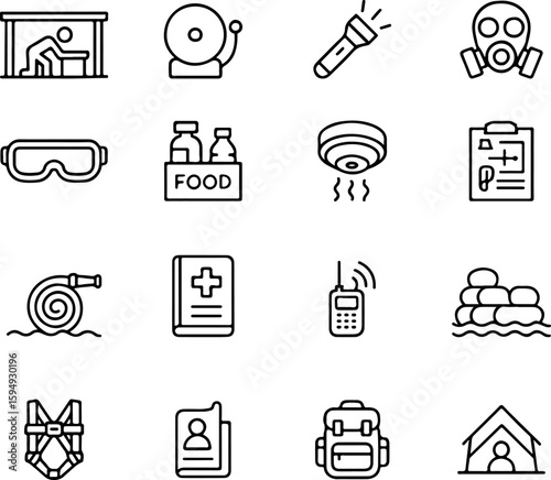 Emergency preparedness icons illustrating safety equipment communication devices and essential supplies for disaster response and survival scenarios