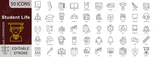 Student Life Line Icons Set with Editable Stroke for Education, Learning, and Campus Activities