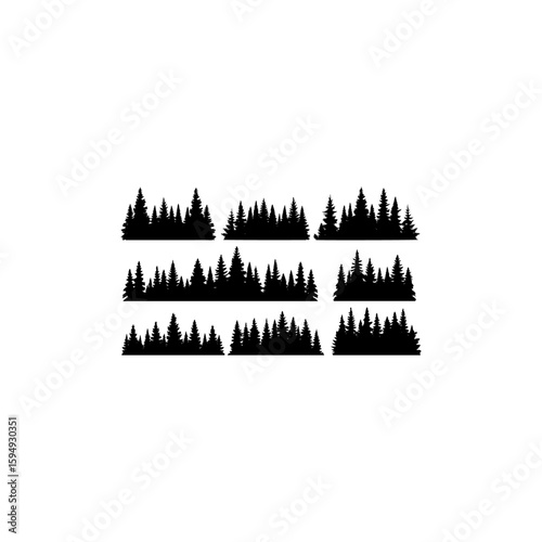 Fir trees silhouettes set. Coniferous spruce horizontal background patterns, black evergreen woods vector illustration.