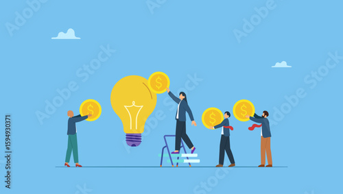 Business people donate or contribute fund raiser new lightbulb project. Fundraising idea, funding new innovative project, donation, investing or VC venture capital to support startup idea.