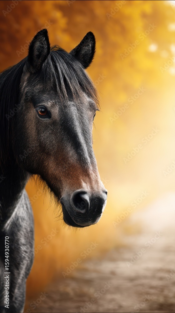 Fototapeta premium Majestic black horse standing in autumn light along a scenic trail with golden foliage