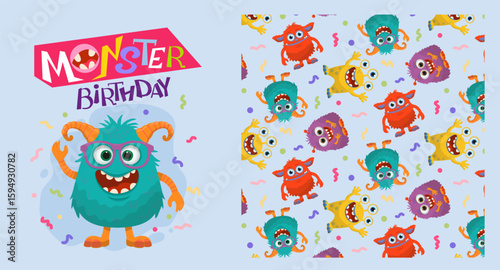 Vector illustration of playful monsters celebrating a birthday surrounded by colorful confetti. The vibrant pattern adds a fun and whimsical touch to any children s event or party decor.