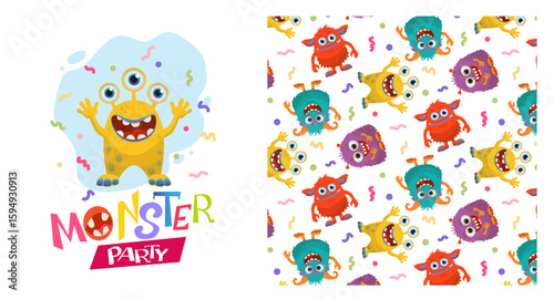 Vector illustration of a lively monster party with vibrant, cartoonish creatures celebrating. The playful design features colorful monsters, confetti, and a fun party atmosphere.