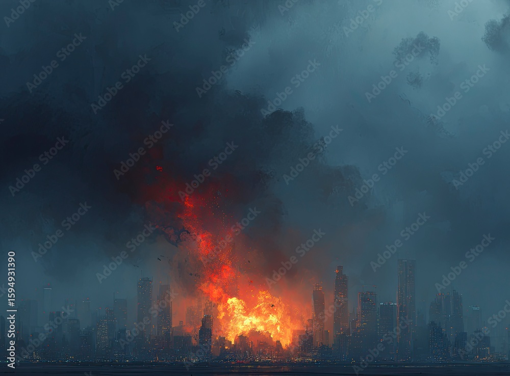 Obraz premium A city skyline in the background, with smoke and fire rising from the buildings and dark clouds overhead. In the foreground, an explosion engulfs part of one of the buildings. The scene conveys a sens