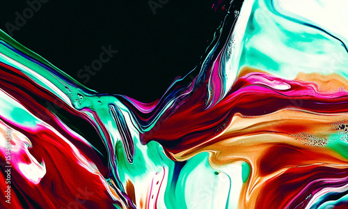 Fluid art blends pink, orange, and teal colors with dynamic swirling patterns