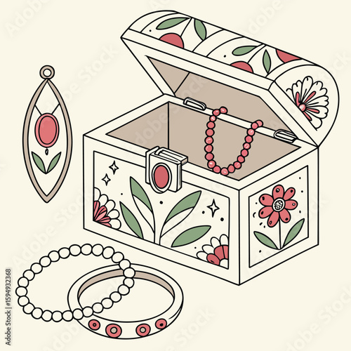 Illustration of an open jewelry box with necklace, earring, and bracelets on a light background