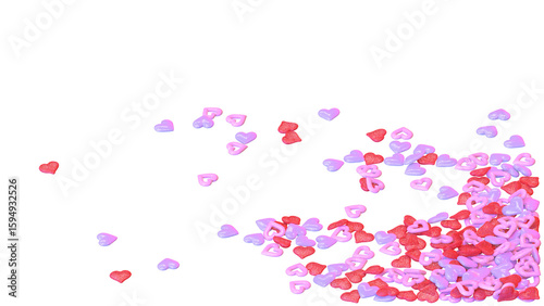 Red, pink, and purple decorative heart shapes with glossy and hollow designs on transparent background for romantic overlays, creative designs, greeting cards, and social media.