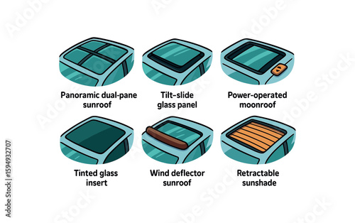Types of car sunroofs and moonroofs with illustrative examples