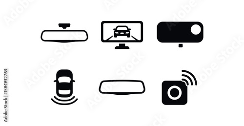 Car camera and sensor icons set for rearview monitoring and parking assistance