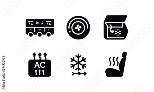 Car climate control icons: dials, temperature readout, ventilation, heated seat
