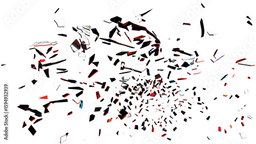 Shattered glass fragments featuring dominant red, black, and white tones arranged on a transparent background. Designed for overlays, visual effects, dynamic design compositions