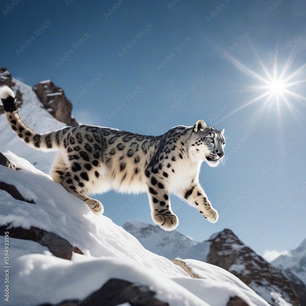 Fototapeta premium snow leopard running up a snowy mountain