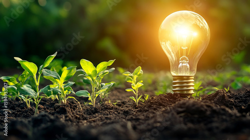 Creative idea of green energy shown by a glowing bulb next to young sprouting plants.