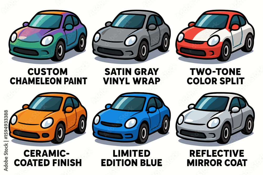 Fototapeta premium Colorful cartoon cars with unique paint finishes and designs