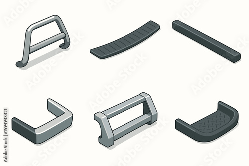 Set of six metal handles and bars for industrial and home use