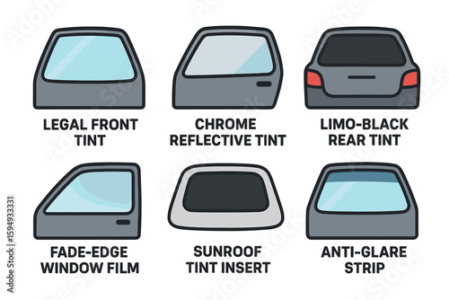 Car window tinting options: legal front, chrome reflective, limo-black, fade-edge film, sunroof insert, anti-glare strip
