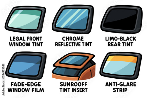 Car window tint variations: legal front, chrome, limo black, fade-edge, sunroof, anti-glare