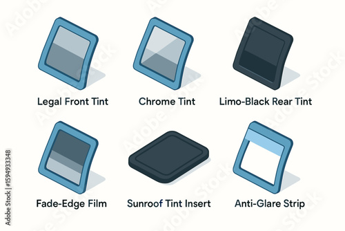 Various car window tint options including sunroof insert and anti-glare strip