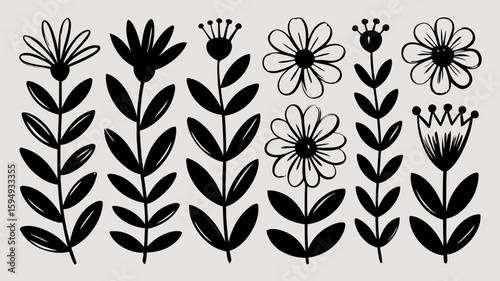 Minimalist Floral SVG Vector SVG Illustration with Black Outlined Flower Shapes in Modern Flat Style for Digital and Web Design
