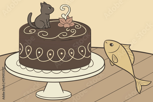 Tarta de chocolate decorada con figuras de gato y pez dorado de fondant sobre una mesa de madera