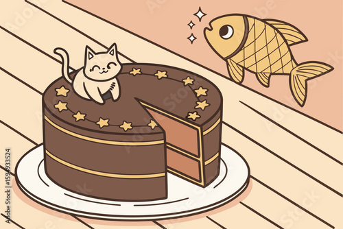 Tarta de chocolate decorada con figuras de gato y pez dorado de fondant sobre una mesa de madera