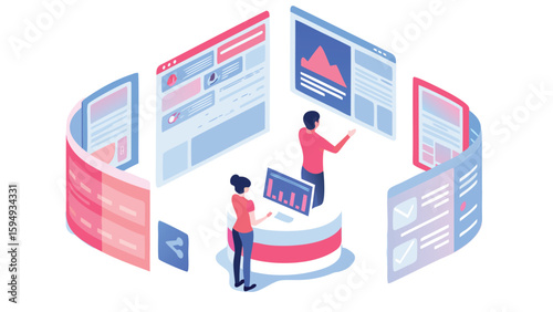 Isometric illustration of people working with data on screens in a virtual environment setup
