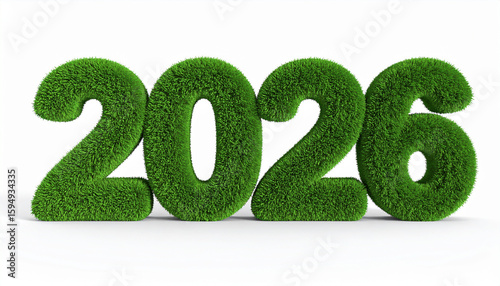 Number 2026 made of green grass. Natural figure. 3D rendering. Greenery symbol.