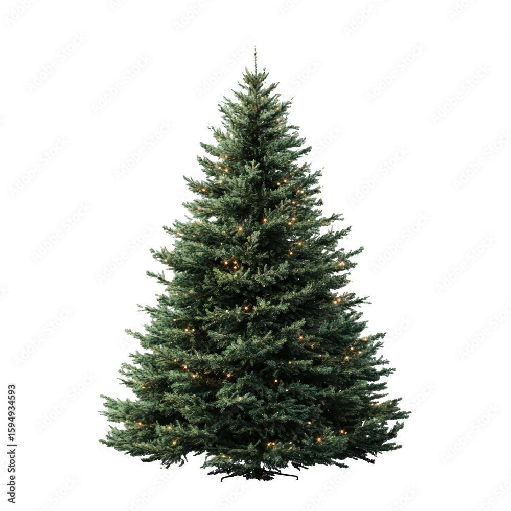 Fototapeta premium Illuminated Christmas Tree Festive Holiday Season Lights Green Conifer Winter, isolated on transparent background, perfect cutout, PNG