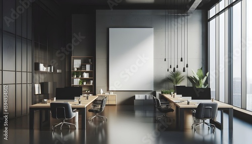Modern office interior with large blank poster mockup on dark wall for clean design presentation concept in minimalistic workspace setting. 3D Rendering