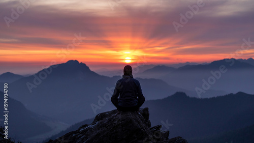 Person meditating on mountaintop watching a vibrant sunrise over misty mountains