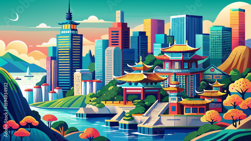 Busan, South Korea – Beaches, skyscrapers, and temples on cliff sides create a city of contrasts, perfect for a vibrant and layered vector illustration.