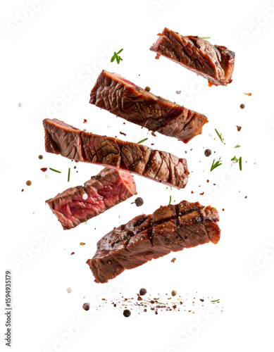 Flying Steak Slices: A culinary masterpiece of perfectly grilled steak slices, mid-air, evoking savory delight.