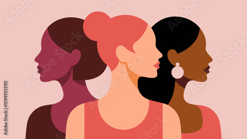 Modern Flat Vector SVG Illustration of Three Women Faces with Diverse Hairstyles and Earring Accessories in Warm Color Palette Geometric Style