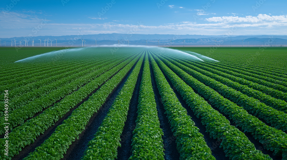 Vast Green Farm Rows under Blue Sky with Irrigation and Wind Turbines Vast Green Farm Rows under Blue Sky with Irrigation and Wind Turbines