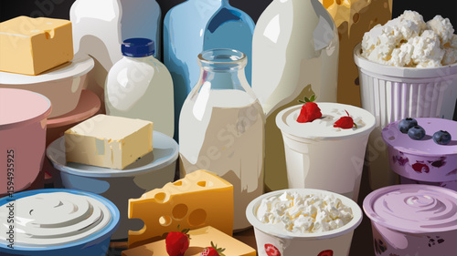 Realistic Vector SVG Illustration of Dairy Products with Bottles Cheese and Yogurt in Flat Style for Food Packaging and Menu Design