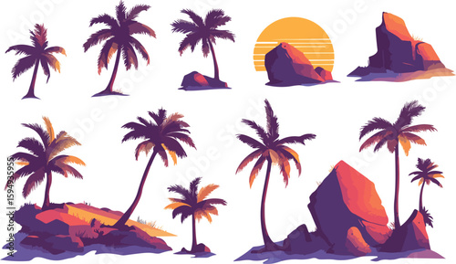 Tropical Island Landscape with Palm Trees Rocks and Sunset Illustration