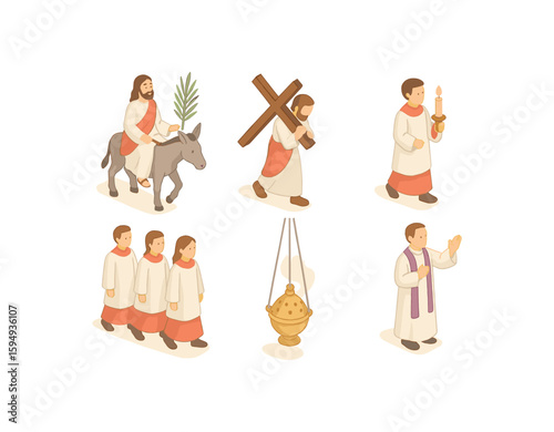 Illustrated biblical scenes with religious figures and symbols