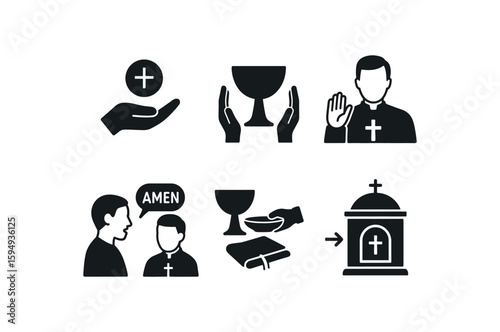 Christian sacraments symbols: eucharist, communion, priest, church icon set