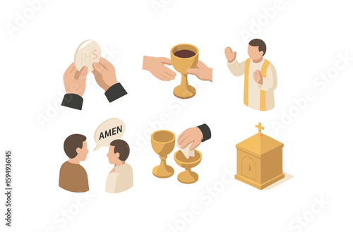 Catholic communion symbols with priests and eucharist elements