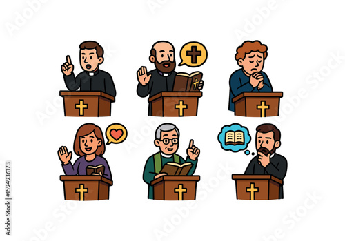 Cartoon clergy characters at podiums with religious symbols