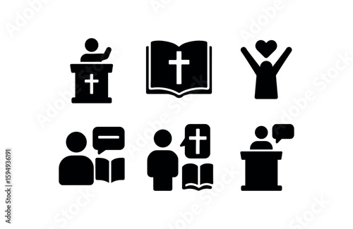 Church symbols collection: pulpit, bible with cross, worship, communication